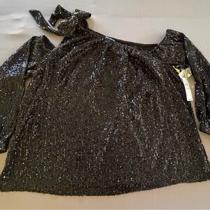 CeCe Black Sequin One-Shoulder Tie Blouse